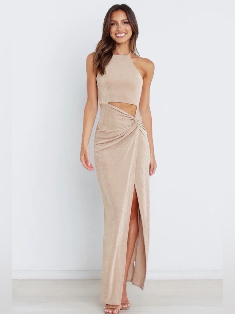 petal & pup Scarlett Gold Cutout Halter Maxi Dress Size 2